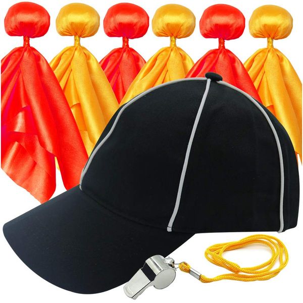 6 Pieces Flag Football Set Tossing Flags Sports Fan Set Penalty Flag Party Accessory (3 Yellow and 3 Red),Official Referee Hat and Stainless Steel Whistle with Lanyard,Umpire Hat,Referee cap set