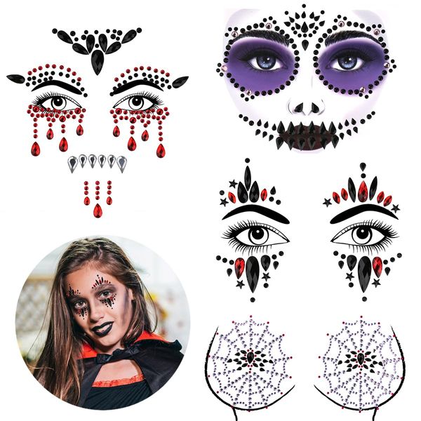 Bowitzki Face Jewels Halloween Rhinestone Stickers Self Adhesive Crystal Makeup Face Gems Stick for Festival Accessory Decorations (D)