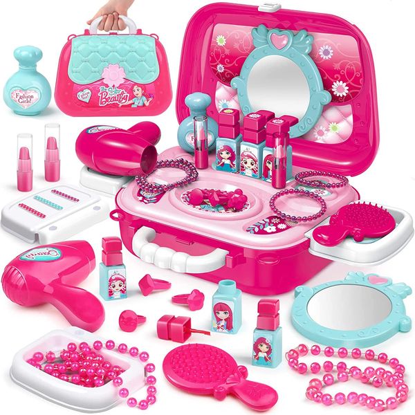 Delex Pretend Play Makeup Set Role Play Jewellery Kit for Girls Toy Set 2 in 1 Princess Pink Vanity Dressing Table Mini Carry Case Portable with Accessories