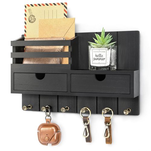 Decorative Key Holder Wall Mount with 2 Drawer Organizer - Modern Mail Organizer with 6 Key Hooks & Shelf - Home Decor Aesthetic for Apartment Essentials (Black)