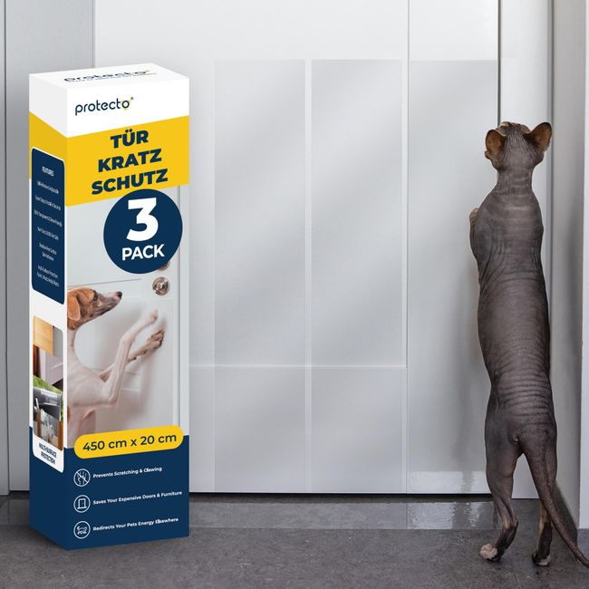 PROTECTO 3-Pack Tier - Kratzschutz mit Cuttermesser – Schutz für Türen + Holz & Möbel vor Hunden & Abschreckung bei kratzenden Katzen – Fensterschutz Katze – Anti Kratz Folie – Katzenschutz