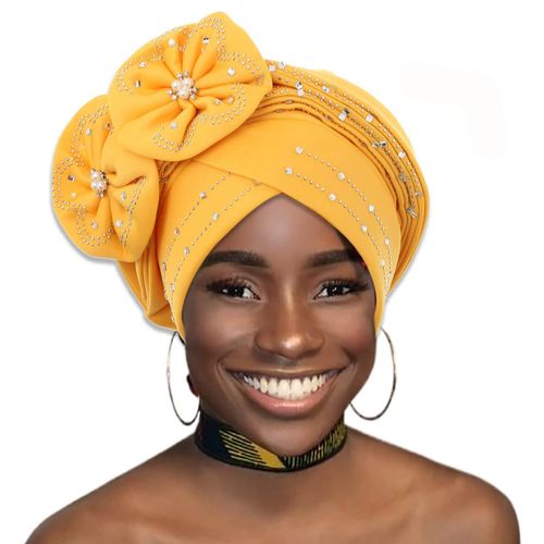 IYOU Crystal Turbans for Women Flower Rhinestone Beanie Hat Twisted Head Wrap Headpiece, yellow