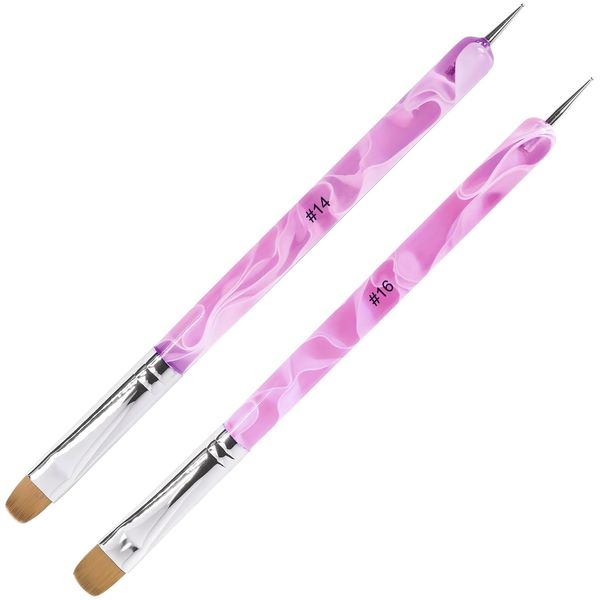 Premium French Gel Acrylic Nail Art Brush & Dotting Tool - Professional Manicure Tool for Detailed Designs, Size #14 & #16, Elegant Pink Marble