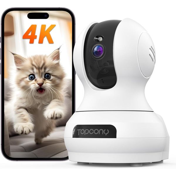 Topcony 4K 8 Million Maximum Pixels, 2.4 and 5 GHz WiFi Compatible, Net Disconnect Memory, Security Camera, Indoor Pet Camera, Surveillance Camera, Answering Machine, Topcony 360° Monitoring, 24-Hour