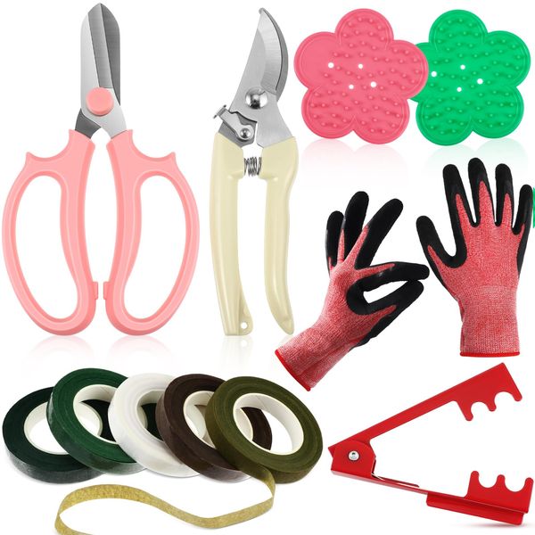 WILLBOND 11 Pcs Rose Thorn Remover Valentine Leaf Stripping Tool Garden Pruning Shear Scissors Kit Floral Gloves and Floral Tape for Outdoor Gardening Flower Arrangement Florist Supplies (Pink, Green)