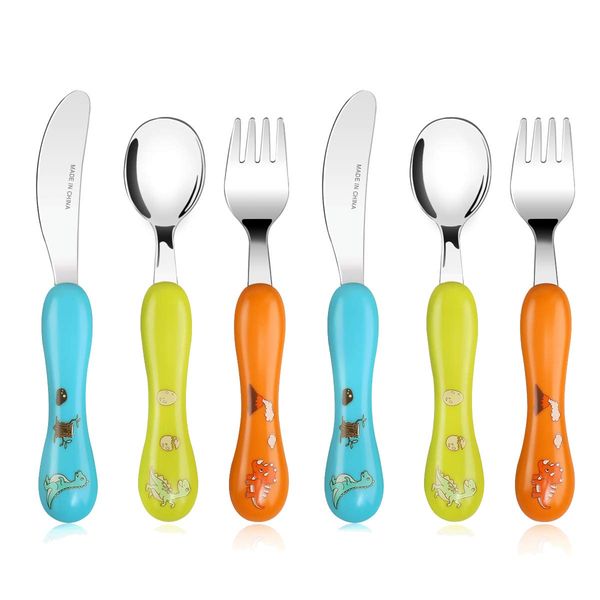 Lehoo Castle Toddler Cutlery, 6 PCS Childrens Cutlery Set, Kids Cutlery Set Includes 2 x Childrens Forks/Knives/Spoons, Toddler Knife and Fork Set (Dinosaur)