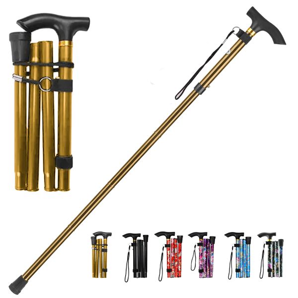 LZZAZ® Walking Stick, Adjustable Height Folding Walking Sticks for Men, Aluminum Walking Sticks for Women & Disability Aids, walking stick Rubber Ends & Mobility aids, Ladies Walking Stick Golden