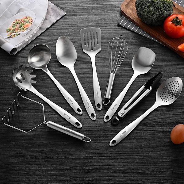 Rainberg 10-Piece Stainless Steel Kitchen Utensil Set Non-Stick, Heat Resistant Cooking Utensils Set and Holder, Tongs, Turner, Server, Ladle, Spoons, Whisk, Masher-Sleek Kitchen Tools Set