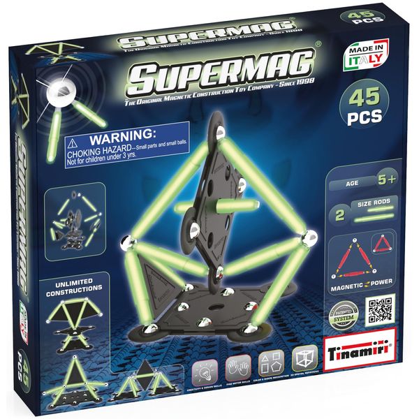 Tinamiri SUPERMAG - Glow 45 | Educational Construction Fun | 45 Piece Set | Europe-Made | STEM | Toy Magnetic Building Sets | Magnet Toys | Supermag 0666