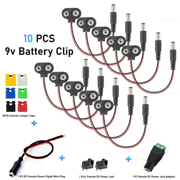 10 pcs 9V Volt Battery T Type Connector Adapter Clip with 2.1~5.5mm DC Plug US S
