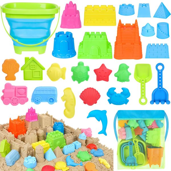 Collapsible Beach Toys Set for Kids Toddlers, Travel Sand Castle Toys with Mesh Bag & Sand Molds, Collapsible Sand Bucket and Shovel Set for Kids, Sandbox Toys for Kids Age 3-12 (27 Pcs Sand Toys)