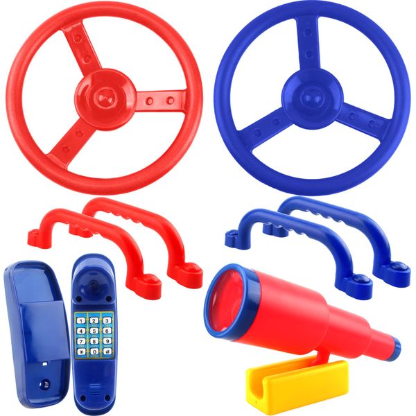 8 Pcs Kids Playground Accessories Plastic Steering Wheel Playhouse Safety Handle Swingset Telephone Telescope Swingset Equipment for Outdoor Backyard Treehouse (Color Set 2)