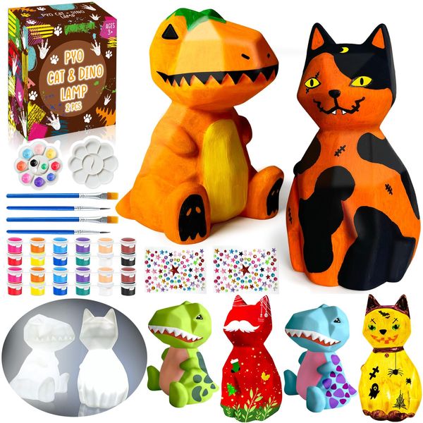 FUNZBO 2Pcs Paint Your Own Dinosaur & Cat Lamp Kit - Arts and Crafts for Kids Teens Adults, Art Supplies Painting Kits for Kids, Toys for Girls Boys Halloween Birthday Gift Ages 3+