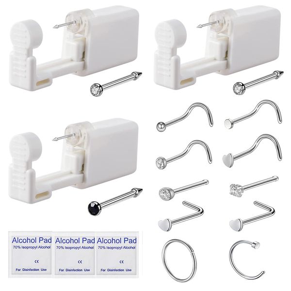 3 Pack Nose Piercing Kit, Disposable Safety Self Nose Piercing Gun with 10 Piece Nose Rings Studs, Home Nose Percinging Kit Gun Tools