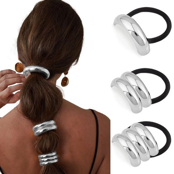 Wugbc 3 Pcs Metal Hair Ties, Silver Hair Cuffs for Women, Ponytail Cuff for Thin & Thick Hair, Wrap Elastic Hair Tie Bracelet, Stylish Geometric Elastic Hair Accessories, Stretchy & Non-Damage