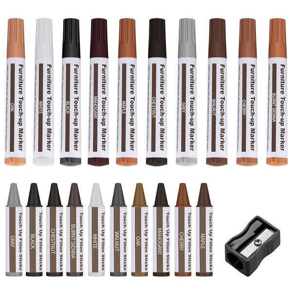 Furniture Repair Kit, 21 Pcs Wood Filler Touch Up Pens Furniture Repair Markers and Wax Sticks with Sharpener for Stains, Scratches, Floors Scratch, Tables, Desks, Carpenters, Touch-Ups Repair