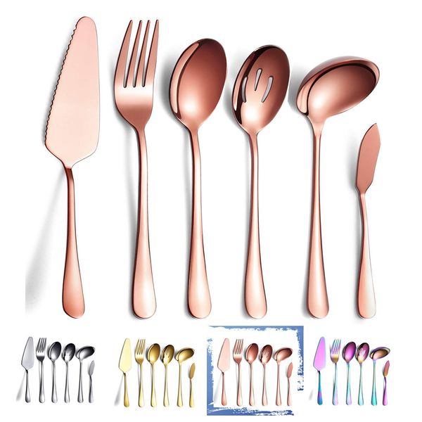 6-Piece Copper Serving Flatware Silverware Set,Stainless Steel Serving Utensil Set,Include Cake Server, Slotted Serving Spoon, Serving Spoon, Cold Meat Fork, Butter Knife, Soup Ladle