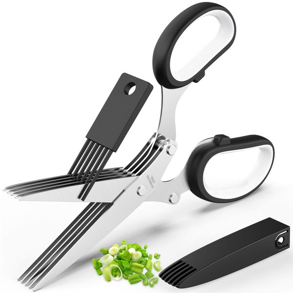 POROMI Herb Scissors Set - Cool Kitchen Gadgets for Cutting Fresh Garden Herbs - Herb Cutter Shears with 5 Blades and Cover, Sharp and Anti-rust Stainless Steel, Dishwasher Safe (Black-White)