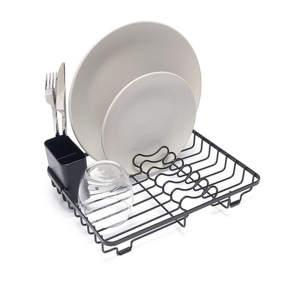 simplywire – Compact Dish Drainer – Plate Drying Rack with Cutlery Basket – Small - Black Powder Coated Steel