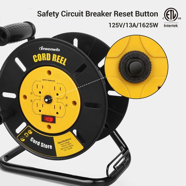 DEWENWILS Extension Cord Storage Reel with 4 Outlets Open Extension Cord Holder