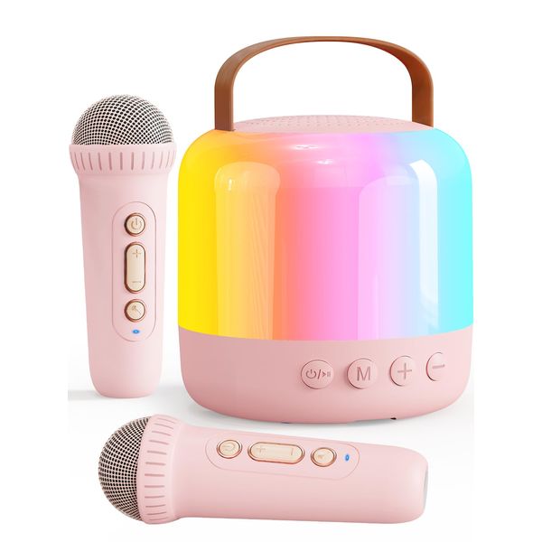 Mini Karaoke Machine, 360° Colorful LED Light Portable Bluetooth 5.3 Speaker with 2 Wireless Microphones, Birthday Karaoke Toy Gifts for 4,5,6,7,8+Years Old Girls Boys Kids Party (Peach Pink-2 Mic)