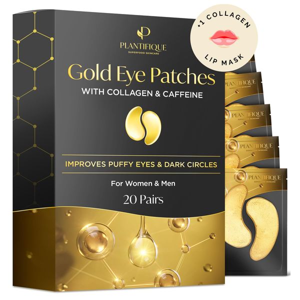 Plantifique Under Eye Masks Anti Wrinkle 20 Pairs Under Eye Patches Gold Eye Masks Skincare for Dark Circles and Puffiness Puffy Eyes Under Eye Mask Skincare Gel Patches for Women & Men