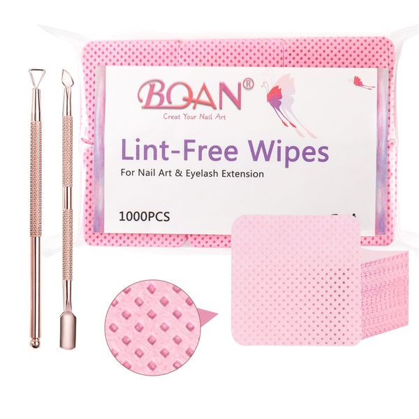 1000 PCS Lint Free Nail Wipes, BQAN Nail Polish Remover Wipes Pink For Lash Extensions & Gel Nail With 2Pcs Cuticle Pushers