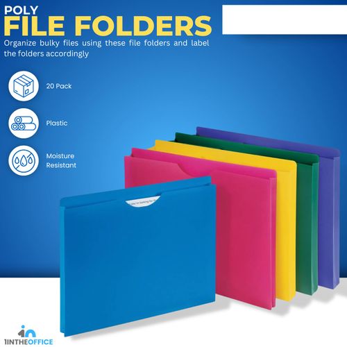 1InTheOffice File Folders, Plastic, Assorted Colors, Letter Size, Expandable, 20 Pack