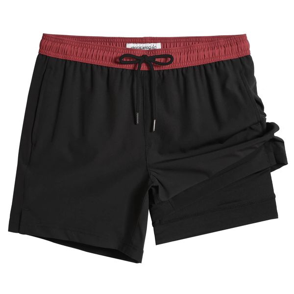 MaaMgic Herren Badehose lässige Badeshorts mit Kompression 2 in 1 | 5.5" Schnelltrocknend Swim Shorts Kurz Strandhose für Männer Mit Innenhose XS - XXL,Schwarz Weinrot 5.5,L