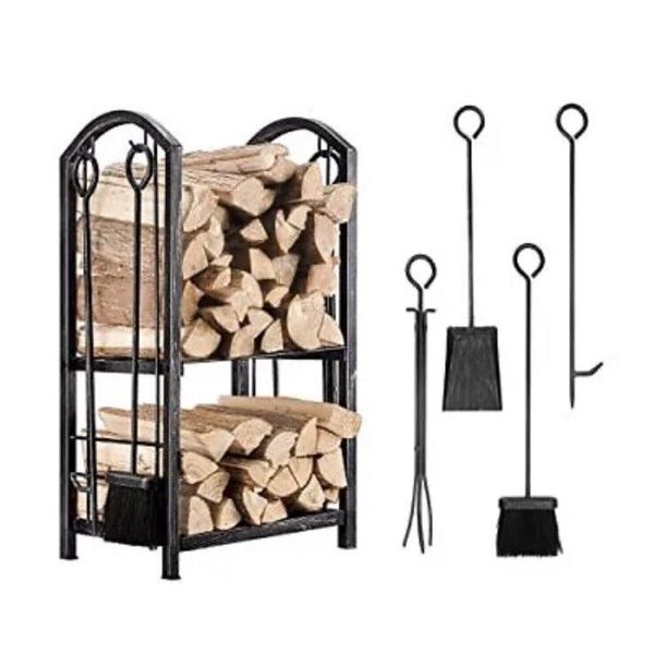 5-Piece Firewood Log Rack Holder Tools Set w/ Hook, Broom, Shovel, Tongs