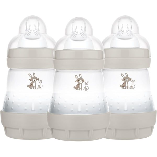 MAM Easy Start Self Sterilising Anti-Colic Baby Bottle 3 Pack (3 x160 ml) with Slow Flow MAM Teats Size 1, Newborn Essentials, Grey(Designs May Vary)