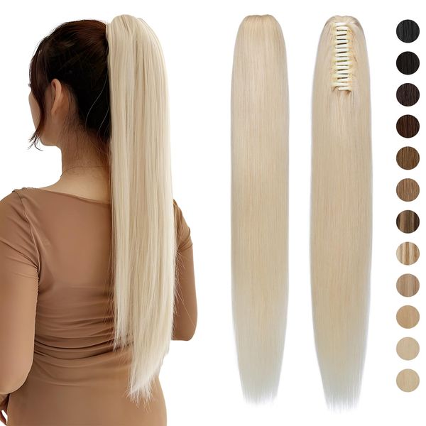 Straight Ponytail Extensions Human Hair One Piece Claw Clip Ponytail Real Remy Hair 14 inch #60 Platinum Blonde