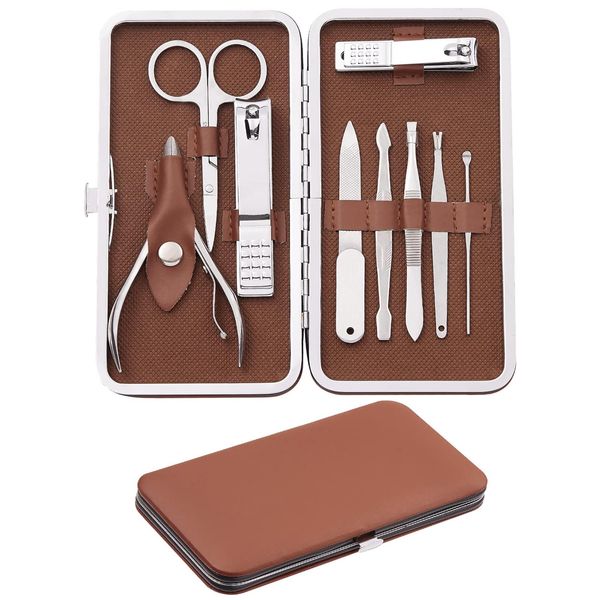 Manicure Set, FAMILIFE Manicure Kit - Nail Kit Mens Grooming Kit Pedicure Kit 9PCS Gifts for Men Boyfriend Nail Clipper Set Stainless Steel Professional Nail Set Care Manicure Tools Leather Case Brown