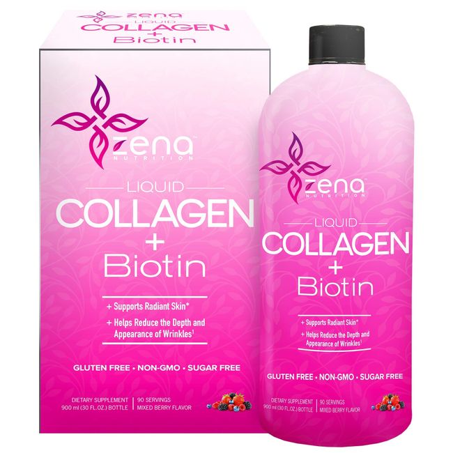 Zena Liquid Collagen + Biotin, 2500mg of Bioactive Collagen Peptides and 5000mcg Biotin, Verisol Formula, Hair, Skin, Nail and Joint Support, Grass-Fed, Non-GMO, Mixed Berry Flavor, 90 Servings