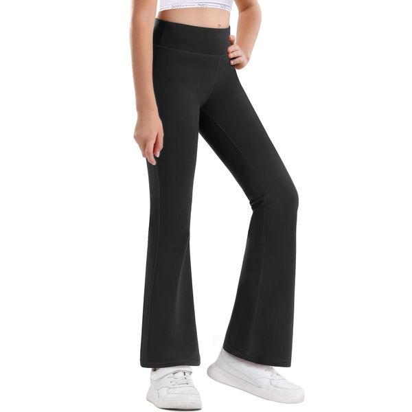 Stelle Girl's Flare Leggings High Waisted Yoga Pants Bootcut Dance Casual Pants Activewear Kids Bell Bottoms (Black, 10-11 Years)