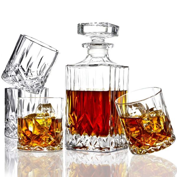 ELIDOMC 5PC Italian Crafted Crystal Whiskey Decanter & Whiskey Glasses Set, Crystal Decanter Set With 4 Whiskey Glasses, Whiskey Decanter Sets for Men