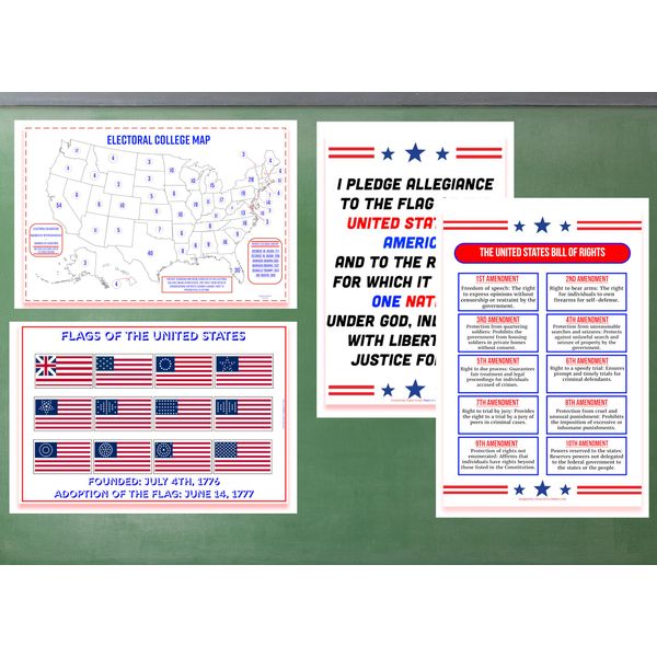 Educational Poster Set, Pledge of Alegiance, Bill of Rights, Flags of ...
