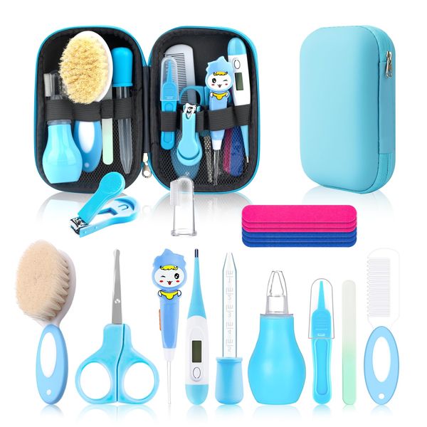 Baby Healthcare and Grooming Kit, Baby Safety Set Newborn Nursery Health Care Set with Hair Brush Scale Measuring Spoon Nail Clippers (20PCS Blue)