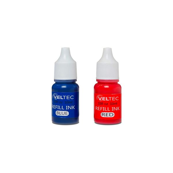 Veltec Premium 2-Color Refill Ink for Pre-Ink Stamps, Blue and Red, 10 ml Each Bottle