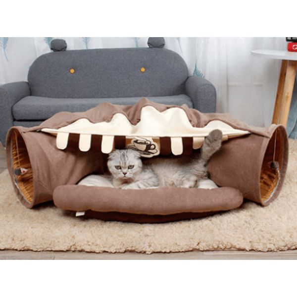 Feline Funhouse Interactive Cat Tunnel - Portable Play Toy For Cats, Rabbits, And Ferrets - Coffee