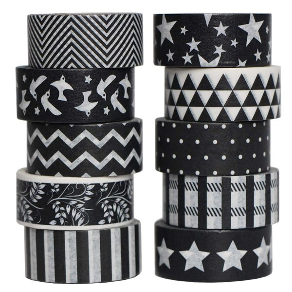 aufodara 10er Schwarz Weiß Washi Tape Schwarz Weiß Klebeband Dekoband Masking Tape, 4M/Rolle, 15MM Wide, Schwarz und Weiß Schönen Mustern (Mustern-A)