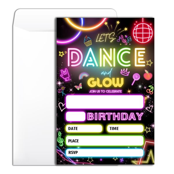 Let's Dance And Glow Birthday Party Invitation 20 Retro Neon Theme Party Birthday Invitation With Envelopes for Woman Man Boys Girls Party Invite Cards-4×6 inch-B005