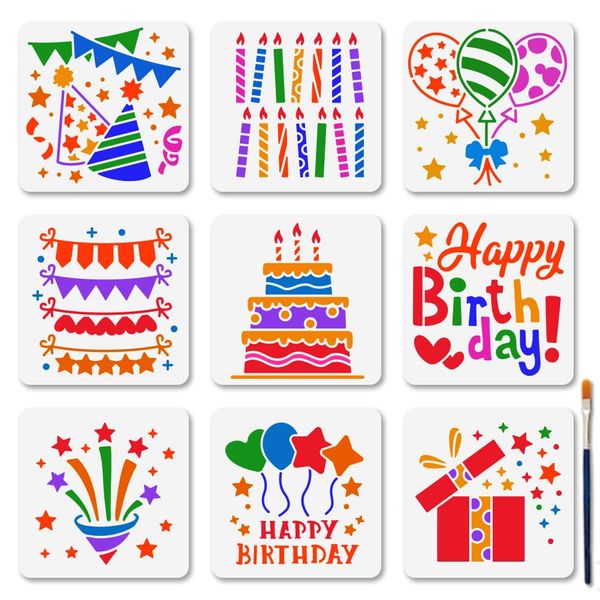 MAYJOYDIY 9Pcs Happy Birthday Stencil Birthday Party Cake Stencils for Painting 5.9×5.9inch Balloon Gift Box Stencil Candle Banner Templates with Paint Brush for DIY Craft on Wood Wall Home Decor
