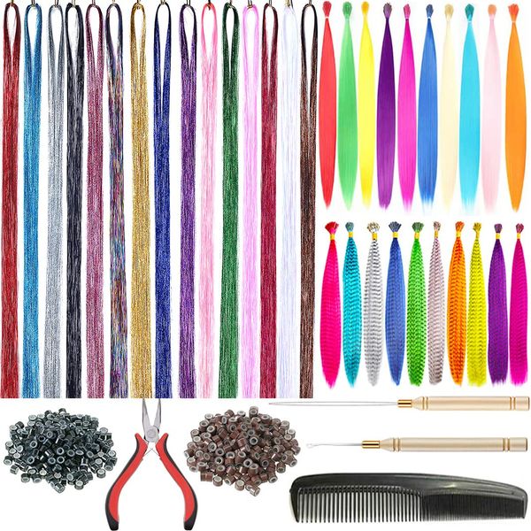 15 Colors Hair Tinsel with Tools Kit 43 Inch 3000 Strands Sparkling Shiny Tinsel Hair Extensions with 10Pcs Synthetic Feather Hair 10 Pcs Rainbow Hair 100 Pcs Hair Beads 1 Pliers 2 Crochet Hooks 1Comb