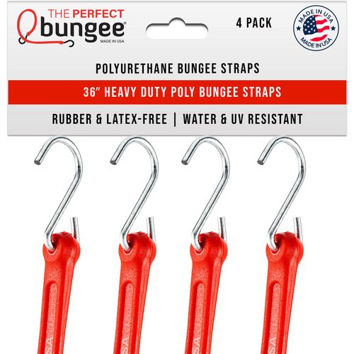 The Perfect Bungee 36" Heavy-Duty Bungee Strap, 4-Pack, Red – Durable, Flexible, Weatherproof Straps, Long-Lasting, Made in USA – Ideal for Outdoor, Marine, Camping, and Cargo Use
