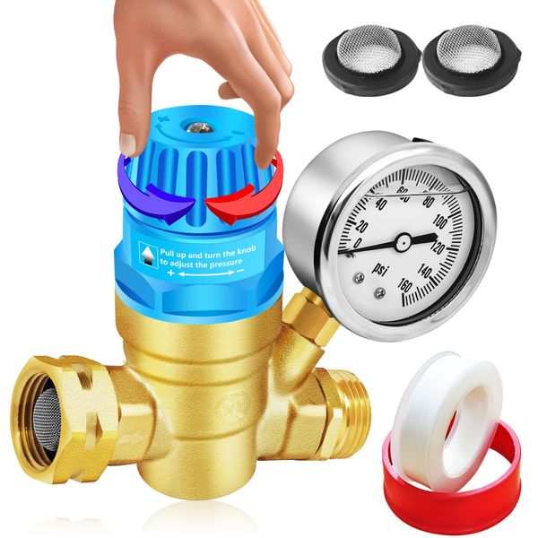 Boltigen Handle Adjustable RV Water Pressure Regulator, 3/4’’ GHT Brass Lead-Free RV Fresh Water Hose Pressure Regulator Valve with Gauge for RV Camper Trailer, Pressure Reducer Valve