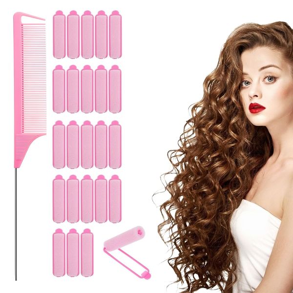 Pink Sponge Hair Rollers Set,24PCS Foam Hair Rollers with Rat Tail Comb,Heatless Hair Curlers Rollers for Medium & Short Hair,Curlers for Short Hair,for Women,Girls,Long to Short