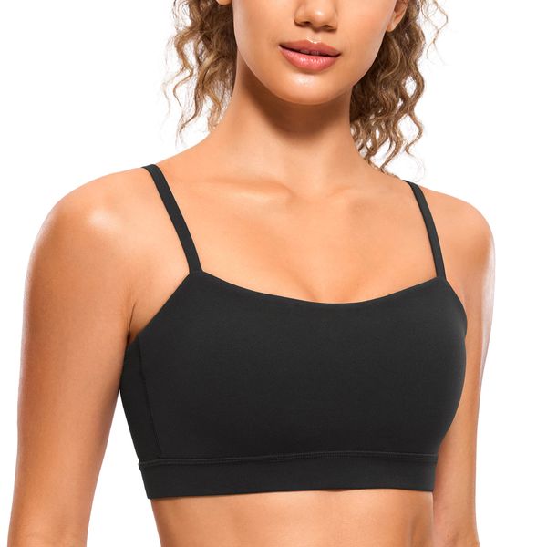 CRZ YOGA Butterluxe Womens Adjustable Spaghetti Thin Strap Sports Bra - Padded Wireless Square Neck Workout Yoga Bra Black Small