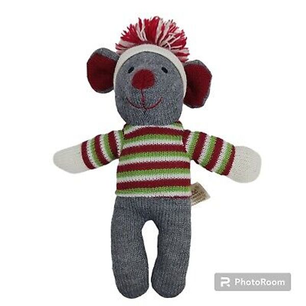 Dan Dee Sock Mouse Plush Gray Striped Holiday Knit Sweater Green Red Christmas