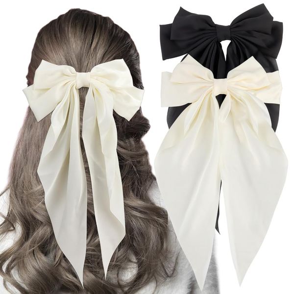 Exacoo Hair Bows for Women 2Pcs White Hair Bow Black Hair Bow Silky Satin Hair Ribbon Oversized Long Tail Large Big Hair Bows Hair Barrettes Metal Clips